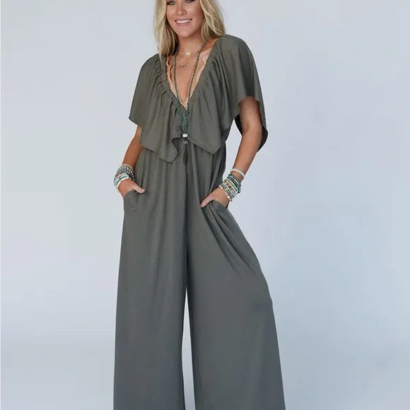 The Nest On Repeat Open Back Ruffle Jumpsuit - Picture 1 of 6